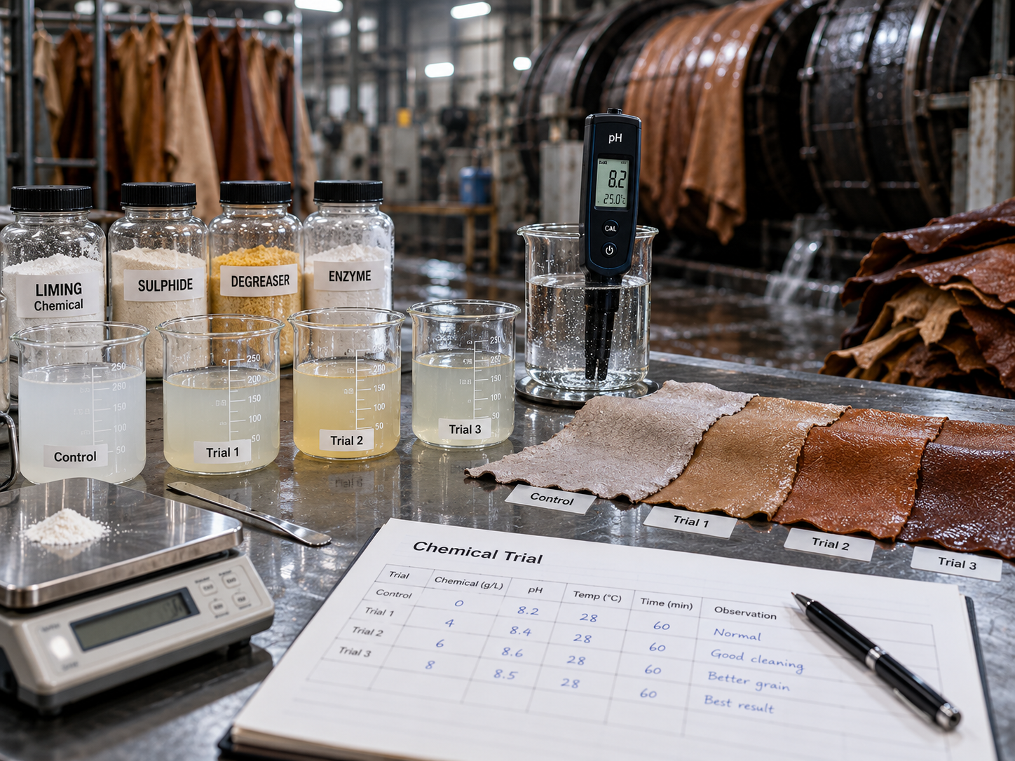Technical field trial of a leather chemical in a tannery