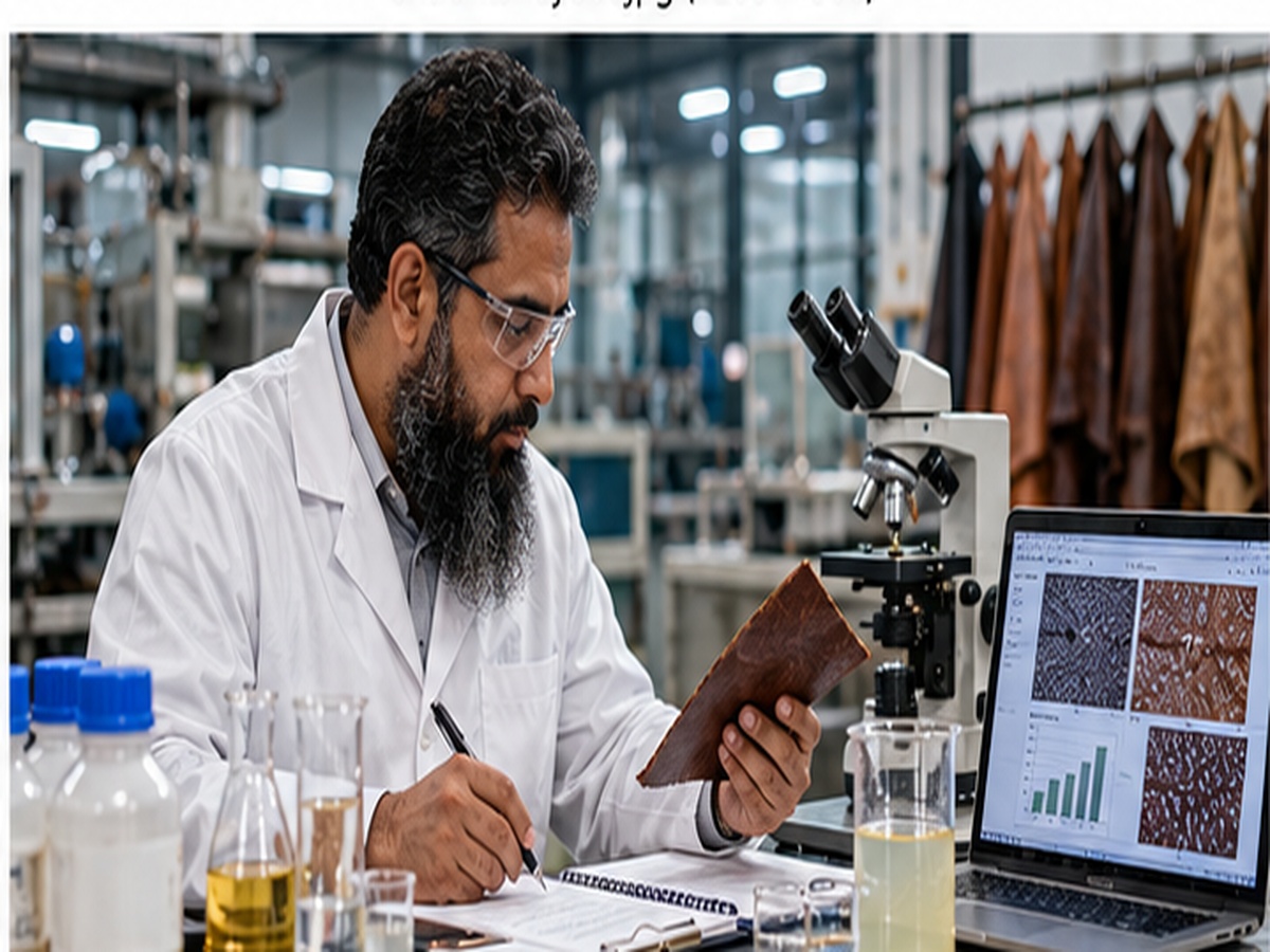 A leather technologist reviewing process data with a colleague